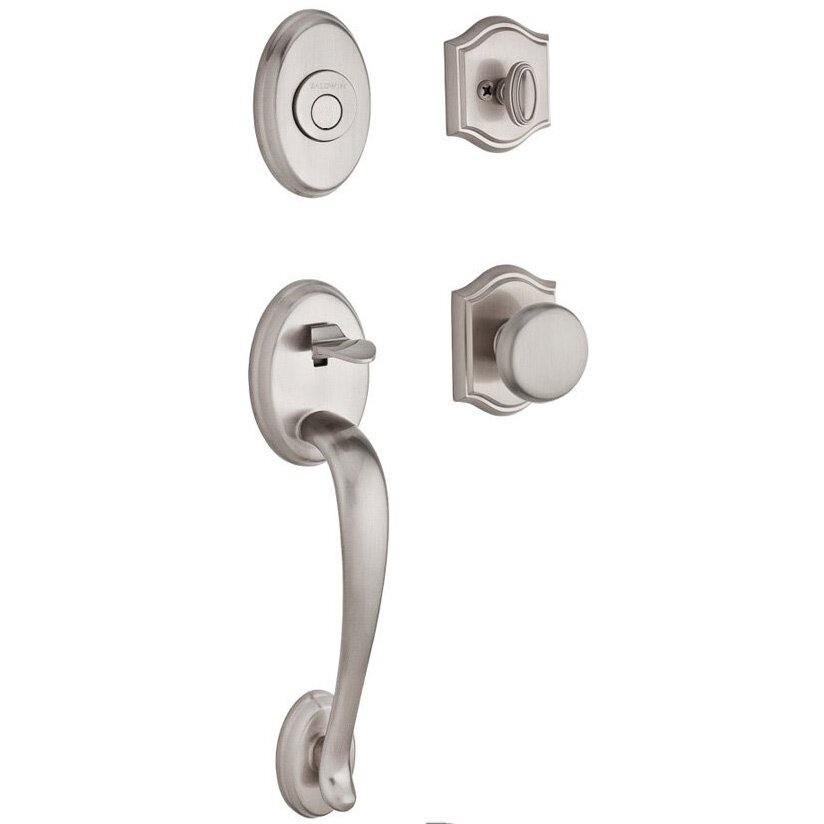 Baldwin Handleset with Round Knob and Traditional Arch Rose in Satin Nickel
