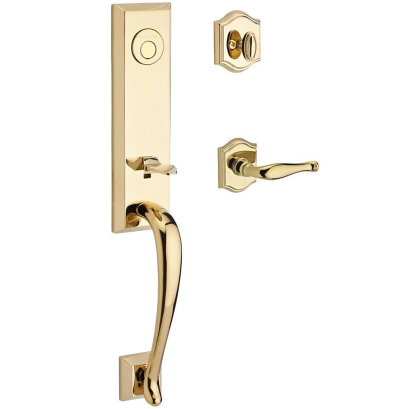 Baldwin Handleset with Left Handed Decorative Lever and Traditional Arch Rose in Polished Brass