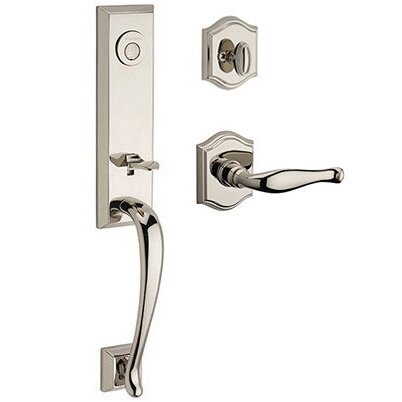 Baldwin Left Handed Full Dummy Del Mar Handleset with Decorative Door Lever with Traditional Arch Rose in Polished Nickel