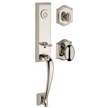 Baldwin Full Dummy Del Mar Handleset with Ellipse Door Knob with Traditional Arch Rose in Polished Nickel