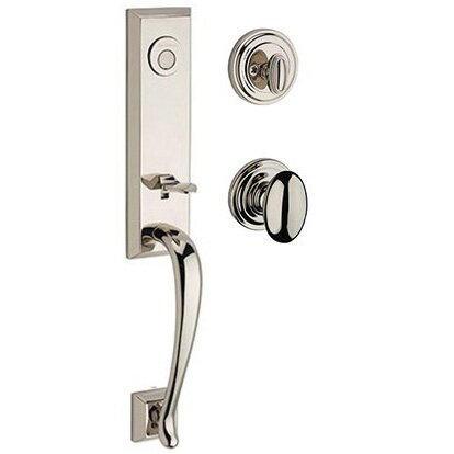 Baldwin Full Dummy Del Mar Handleset with Ellipse Door Knob with Traditional Round Rose in Polished Nickel