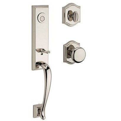 Baldwin Full Dummy Del Mar Handleset with Round Door Knob with Traditional Arch Rose in Polished Nickel