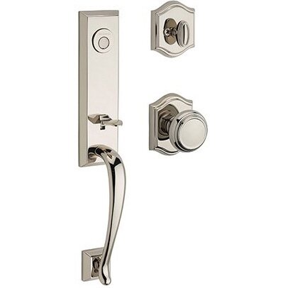Baldwin Full Dummy Del Mar Handleset with Traditional Door Knob with Traditional Arch Rose in Polished Nickel