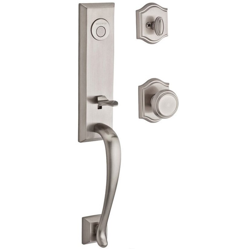 Baldwin Handleset with Traditional Knob and Traditional Arch Rose in Satin Nickel