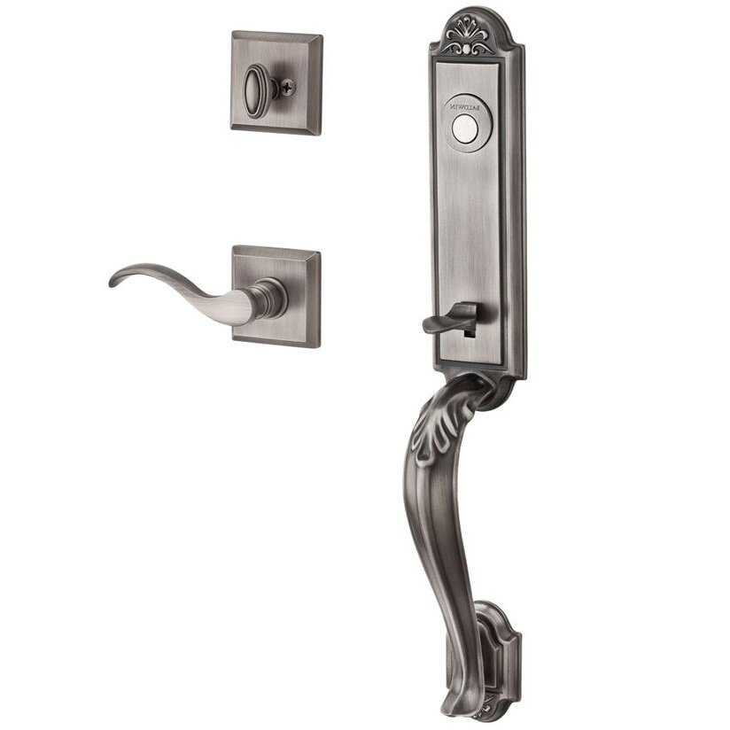 Baldwin Handleset with Right Handed Curve Lever and Traditional Square Rose in Matte Antique Nickel