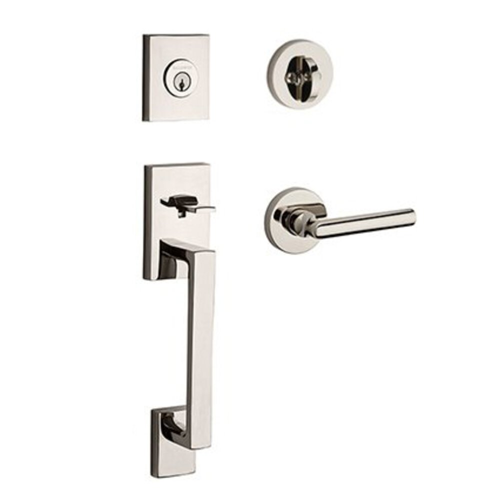 Baldwin Left Handed Full Dummy La Jolla Handleset with Tube Door Lever with Contemporary Round Rose in Polished Nickel