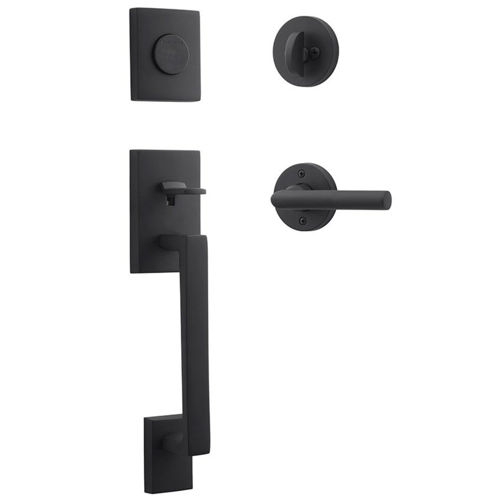 Baldwin Right Handed Full Dummy La Jolla Handleset with Tube Door Lever with Contemporary Round Rose in Satin Black
