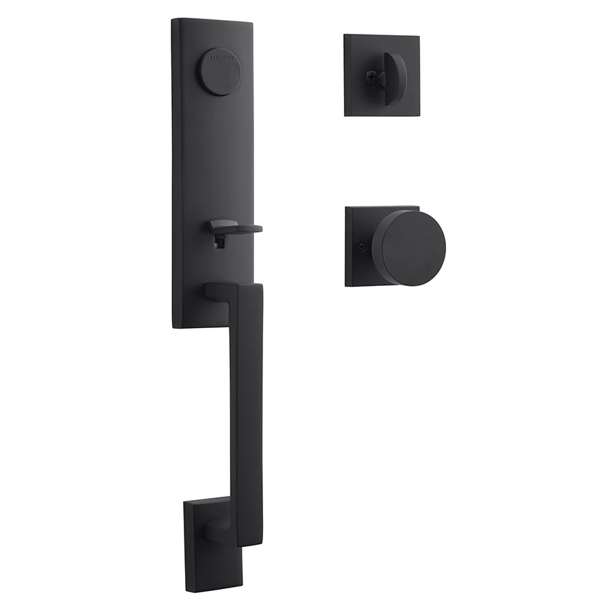 Baldwin Full Dummy Seattle Handleset with Contemporary Door Knob with Contemporary Square Rose in Satin Black