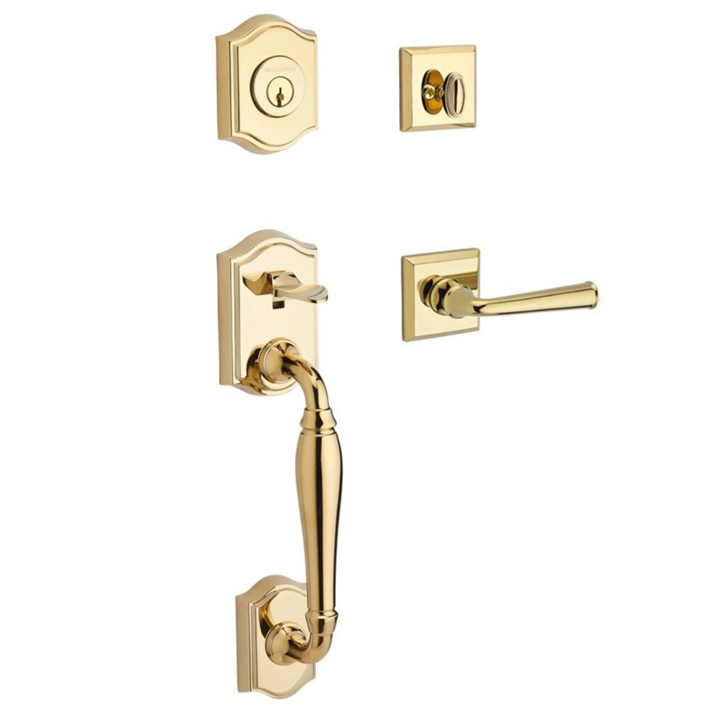Baldwin Handleset with Left Handed Federal Lever and Traditional Square Rose in Polished Brass