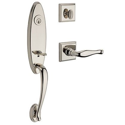 Baldwin Left Handed Single Cylinder Chesapeake Handleset with Decorative Door Lever with Traditional Square Rose in Polished Nickel