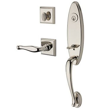 Baldwin Right Handed Single Cylinder Chesapeake Handleset with Decorative Door Lever with Traditional Square Rose in Polished Nickel