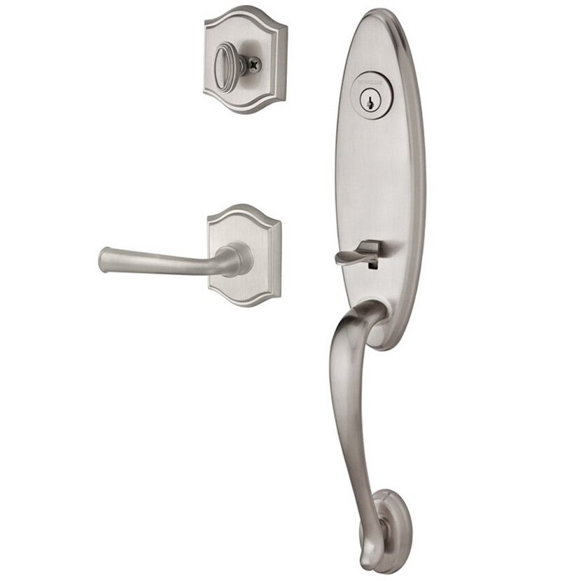 Baldwin Handleset with Right Handed Federal Lever and Traditional Arch Rose in Satin Nickel