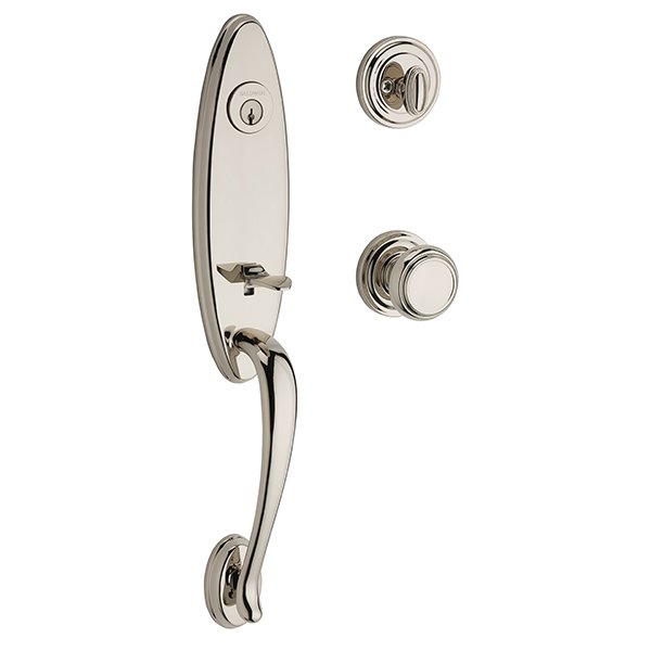 Baldwin Single Cylinder Chesapeake Handleset with Traditional Door Knob with Traditional Round Rose in Polished Nickel