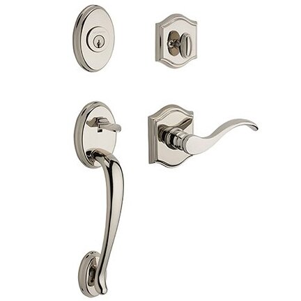 Baldwin Left Handed Single Cylinder Columbus Handleset with Curve Door Lever with Traditional Arch Rose in Polished Nickel