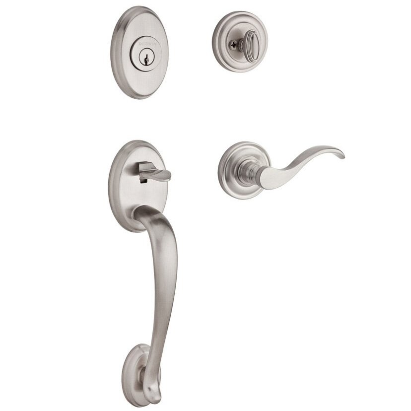 Baldwin Handleset with Left Handed Curve Lever and Traditional Round Rose in Satin Nickel