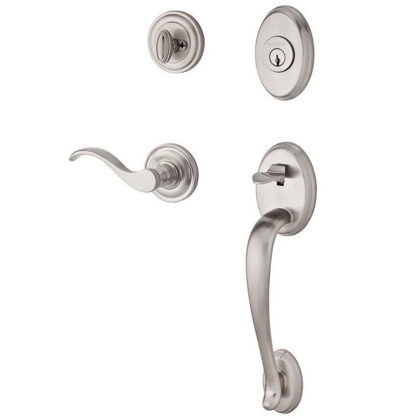 Baldwin Handleset with Right Handed Curve Lever and Traditional Round Rose in Satin Nickel