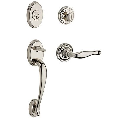 Baldwin Left Handed Single Cylinder Columbus Handleset with Decorative Door Lever with Traditional Round Rose in Polished Nickel