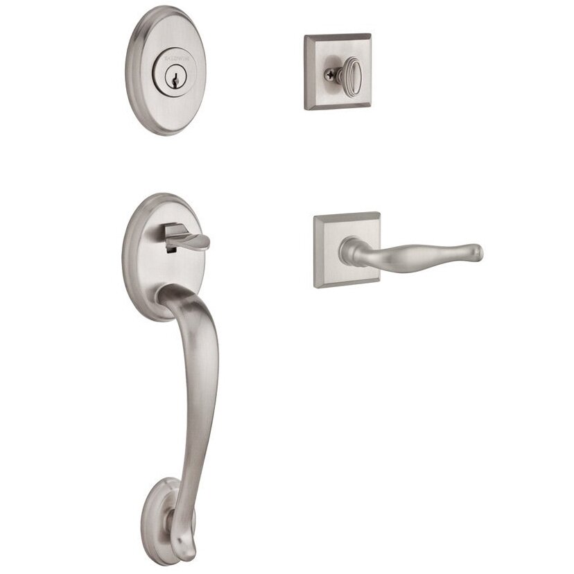 Baldwin Handleset with Left Handed Decorative Lever and Traditional Square Rose in Satin Nickel