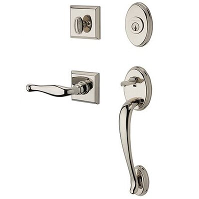 Baldwin Right Handed Single Cylinder Columbus Handleset with Decorative Door Lever with Traditional Square Rose in Polished Nickel