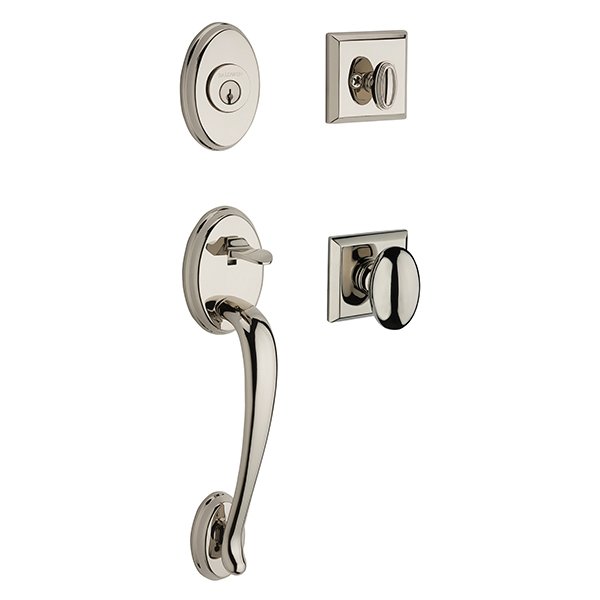 Baldwin Single Cylinder Columbus Handleset with Ellipse Door Knob with Traditional Square Rose in Polished Nickel