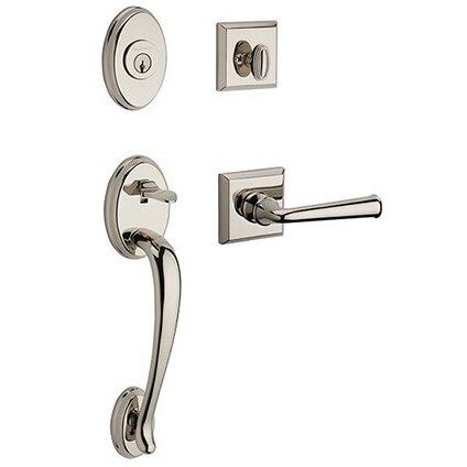 Baldwin Left Handed Single Cylinder Columbus Handleset with Federal Door Lever with Traditional Square Rose in Polished Nickel