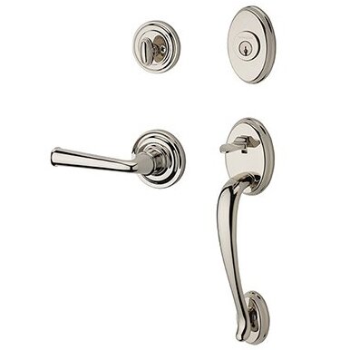 Baldwin Right Handed Single Cylinder Columbus Handleset with Federal Door Lever with Traditional Round Rose in Polished Nickel