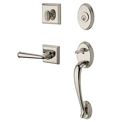Baldwin Right Handed Single Cylinder Columbus Handleset with Federal Door Lever with Traditional Square Rose in Polished Nickel