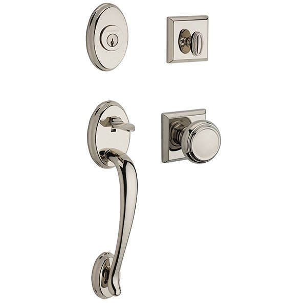 Baldwin Single Cylinder Columbus Handleset with Traditional Door Knob with Traditional Square Rose in Polished Nickel