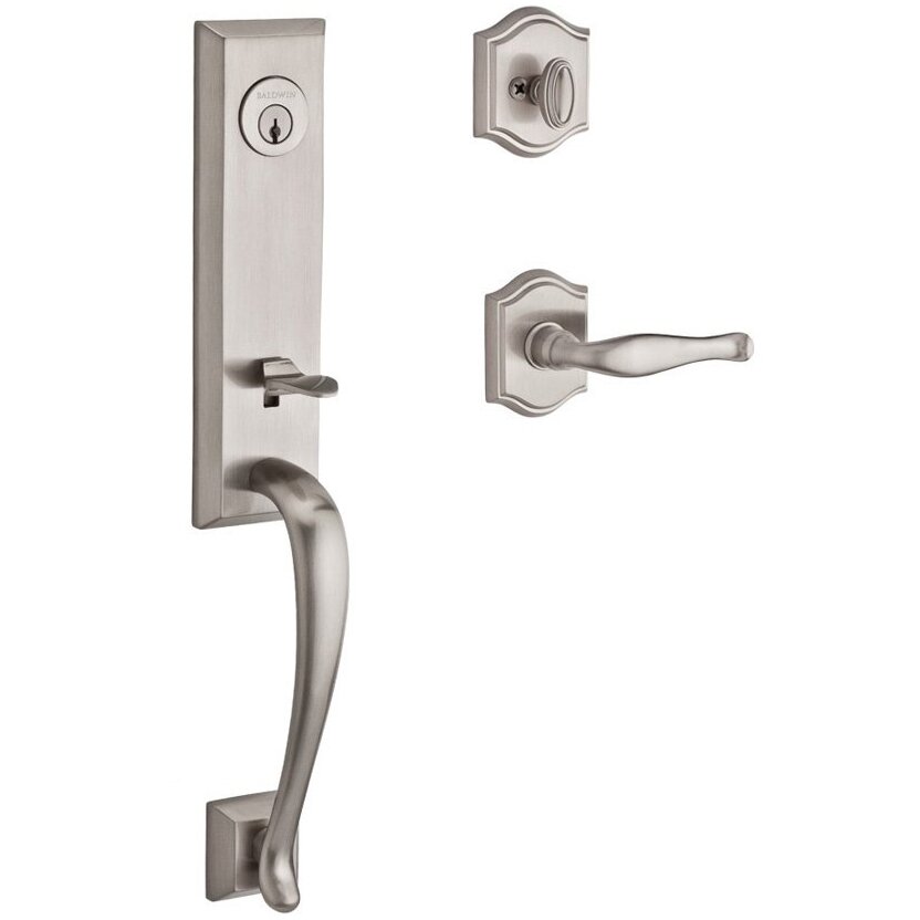 Baldwin Handleset with Left Handed Decorative Lever and Traditional Arch Rose in Satin Nickel