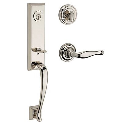 Baldwin Left Handed Single Cylinder Del Mar Handleset with Decorative Door Lever with Traditional Round Rose in Polished Nickel