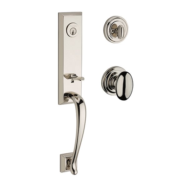 Baldwin Single Cylinder Del Mar Handleset with Ellipse Door Knob with Traditional Round Rose in Polished Nickel