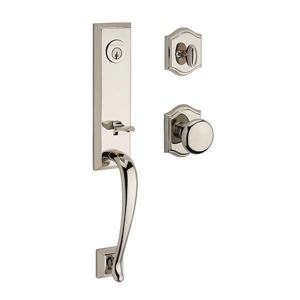Baldwin Single Cylinder Del Mar Handleset with Round Door Knob with Traditional Arch Rose in Polished Nickel