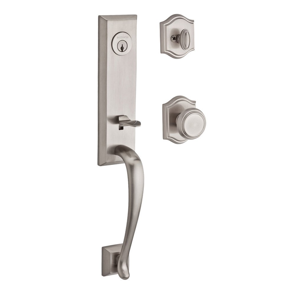 Baldwin Handleset with Traditional Knob and Traditional Arch Rose in Satin Nickel