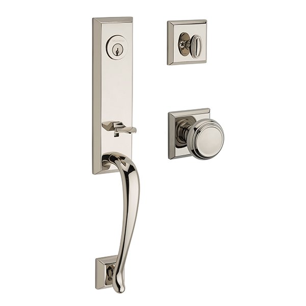 Baldwin Single Cylinder Del Mar Handleset with Traditional Door Knob with Traditional Square Rose in Polished Nickel