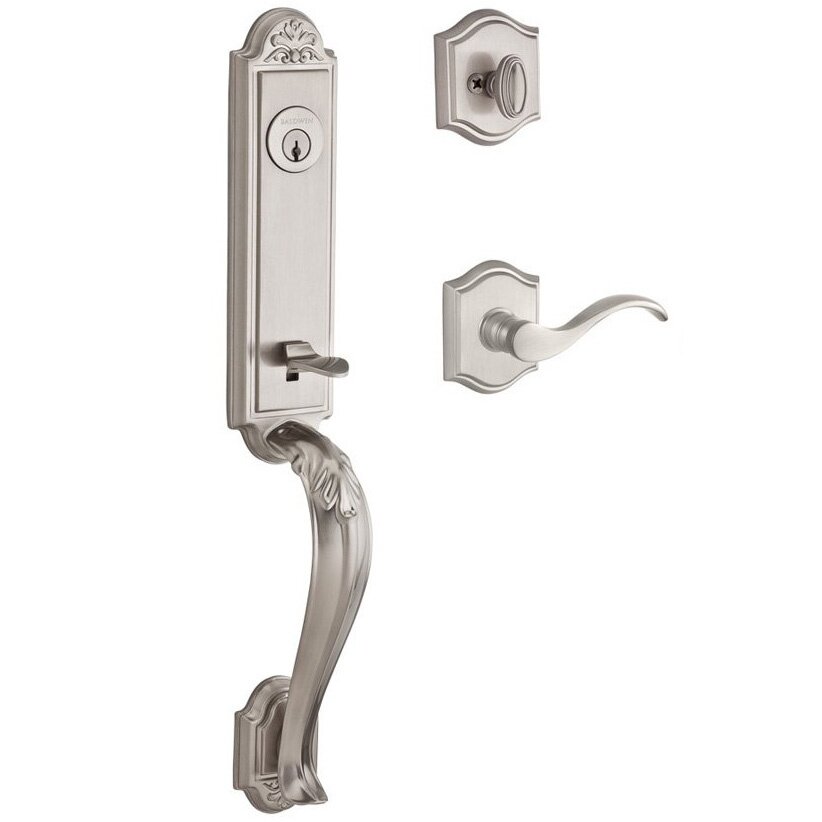Baldwin Handleset with Left Handed Curve Lever and Traditional Arch Rose in Satin Nickel
