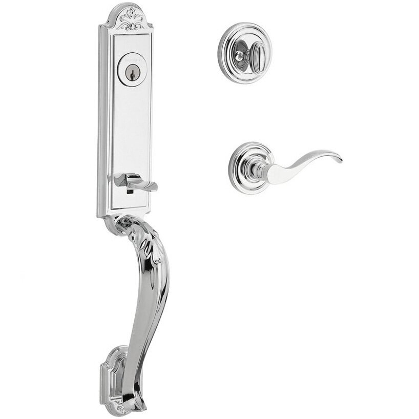 Baldwin Handleset with Left Handed Curve Lever and Traditional Round Rose in Polished Chrome