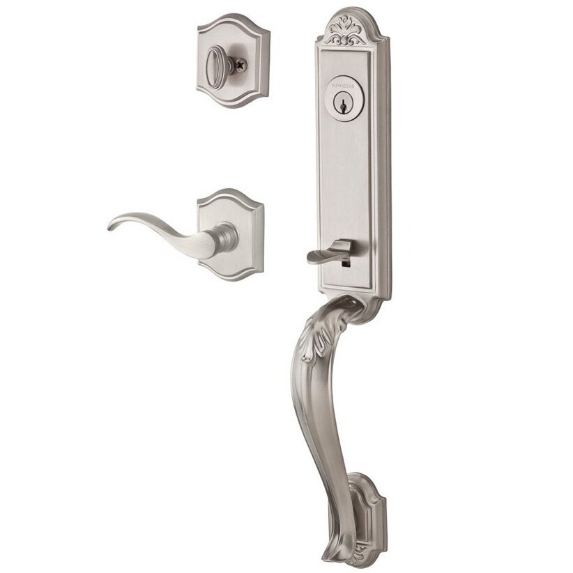 Baldwin Handleset with Right Handed Curve Lever and Traditional Arch Rose in Satin Nickel
