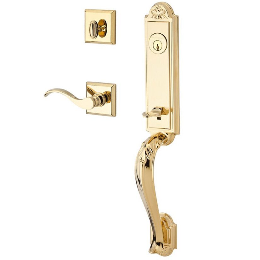 Baldwin Handleset with Right Handed Curve Lever and Traditional Square Rose in Polished Brass