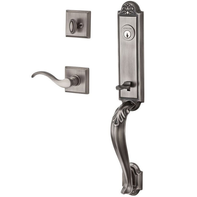 Baldwin Handleset with Right Handed Curve Lever and Traditional Square Rose in Matte Antique Nickel