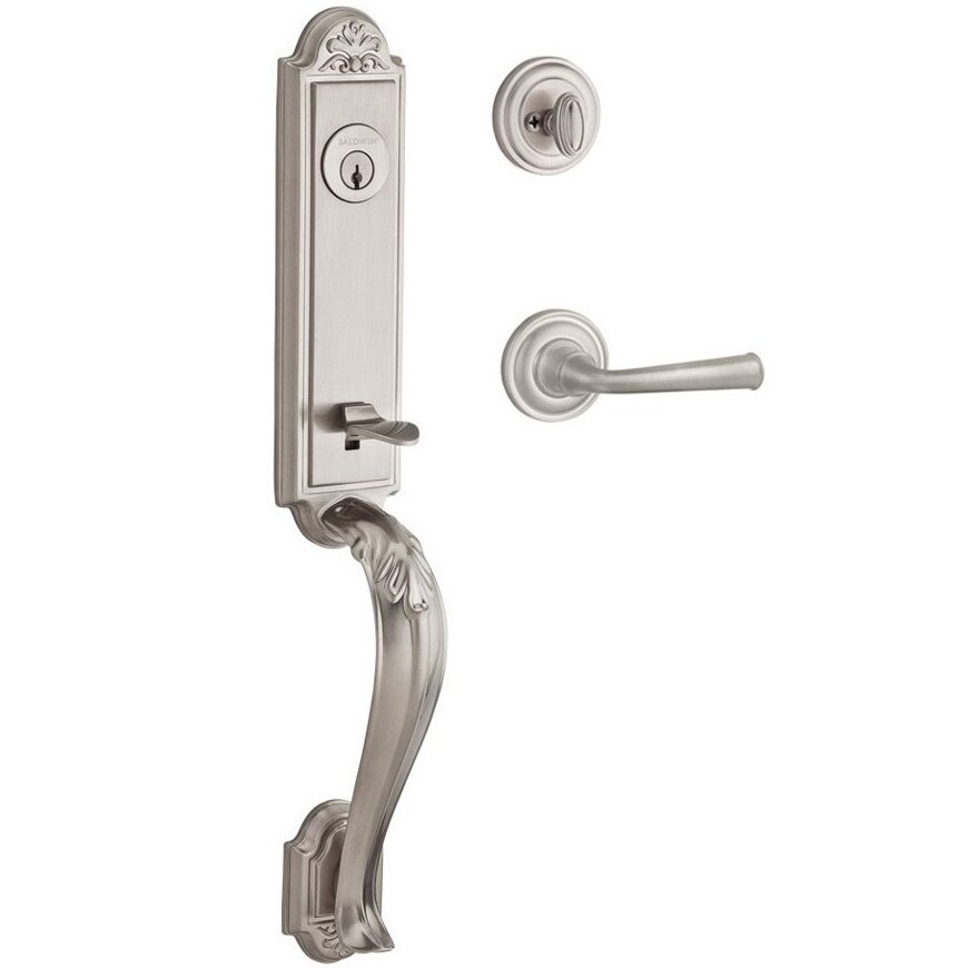 Baldwin Handleset with Left Handed Federal Lever and Traditional Round Rose in Satin Nickel