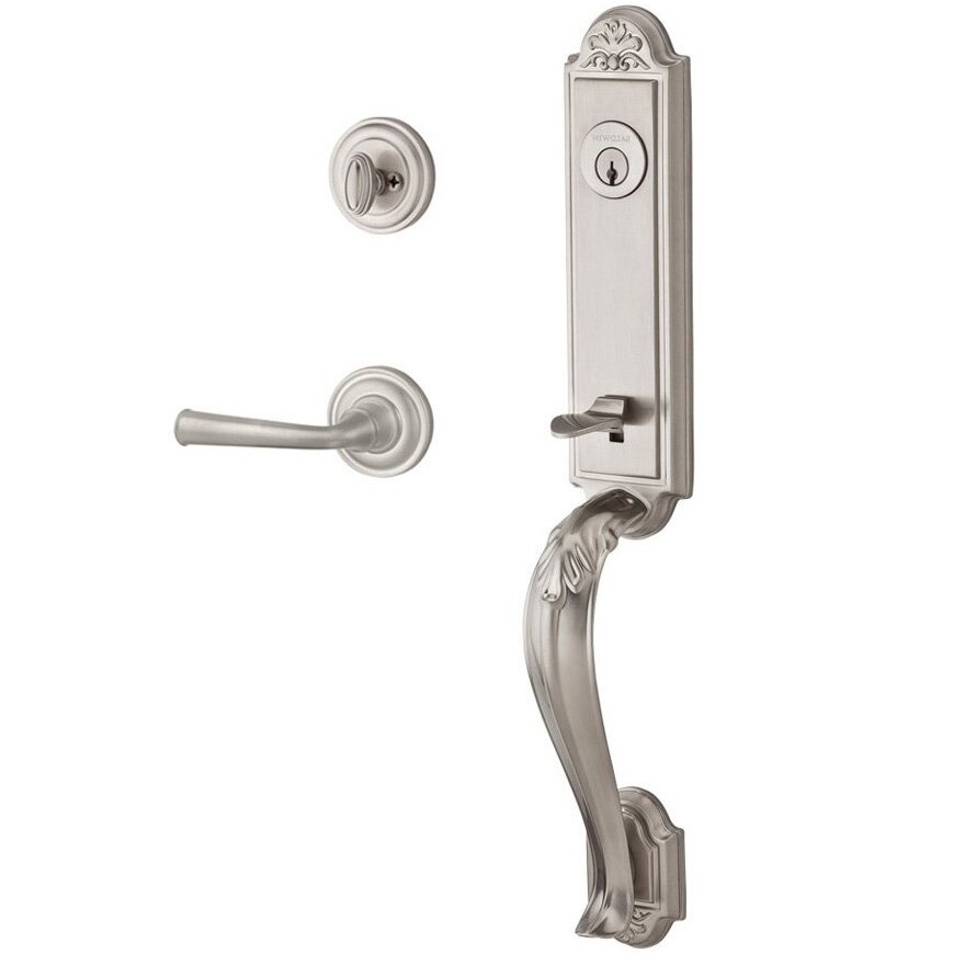 Baldwin Handleset with Right Handed Federal Lever and Traditional Round Rose in Satin Nickel