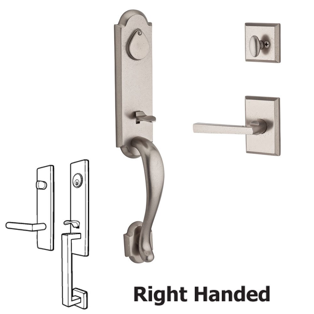 Baldwin Handleset with Right Handed Tapered Lever and Rustic Square Rose in White Bronze