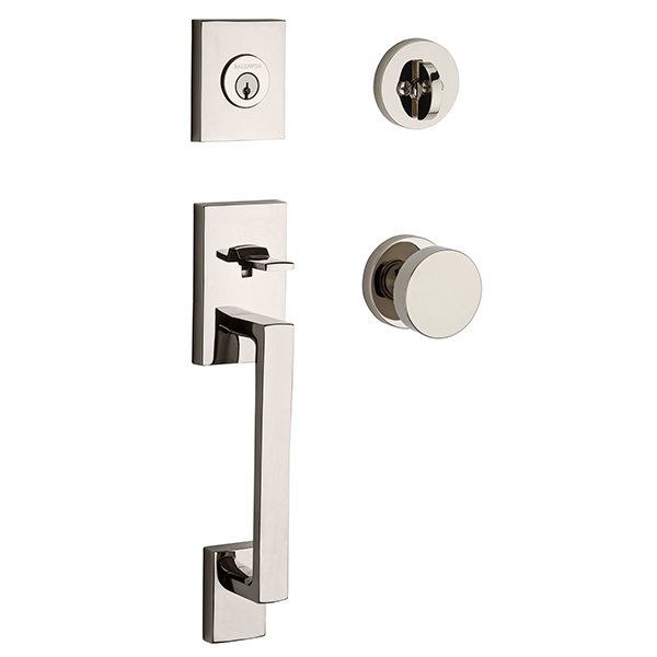 Baldwin Single Cylinder La Jolla Handleset with Contemporary Door Knob with Contemporary Round Rose in Polished Nickel