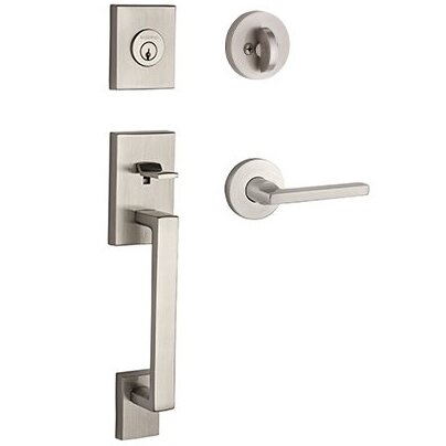 Baldwin Left Handed Single Cylinder La Jolla Handleset with Square Door Lever with Contemporary Round Rose in Satin Nickel