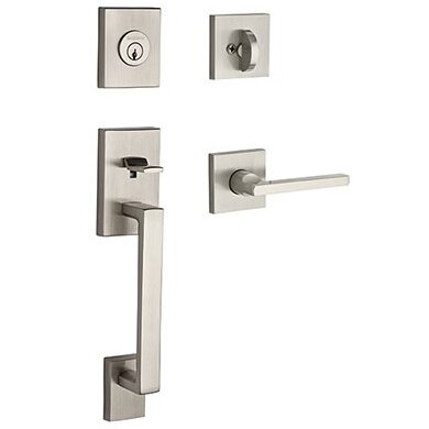 Baldwin Left Handed Single Cylinder La Jolla Handleset with Square Door Lever with Contemporary Square Rose in Satin Nickel