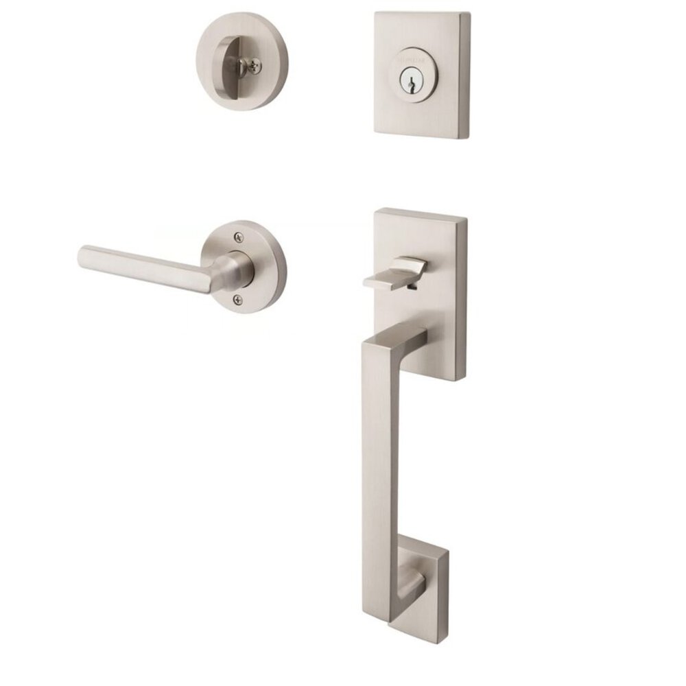 Baldwin Right Handed Single Cylinder La Jolla Handleset with Square Door Lever with Contemporary Round Rose in Polished Nickel