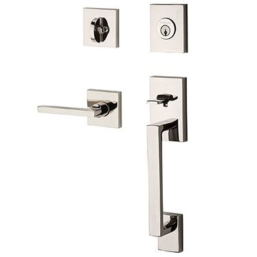 Baldwin Right Handed Single Cylinder La Jolla Handleset with Square Door Lever with Contemporary Square Rose in Polished Nickel