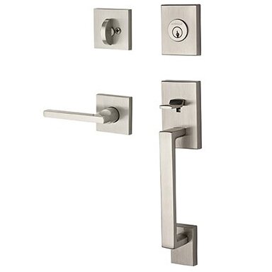 Baldwin Right Handed Single Cylinder La Jolla Handleset with Square Door Lever with Contemporary Square Rose in Satin Nickel