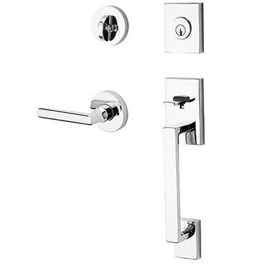 Baldwin Right Handed Single Cylinder La Jolla Handleset with Tube Door Lever with Contemporary Round Rose in Polished Chrome