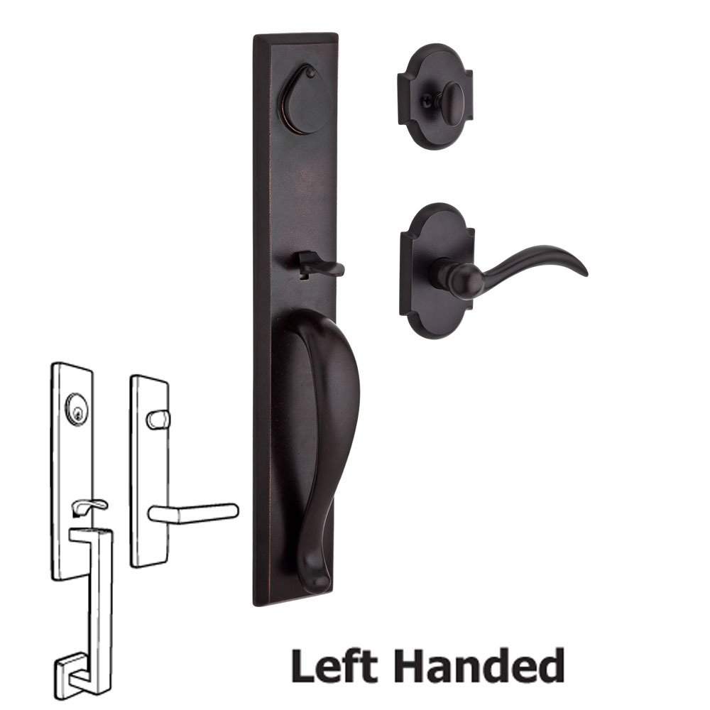 Baldwin Handleset with Left Handed Arch Lever and Rustic Arch Rose in Dark Bronze